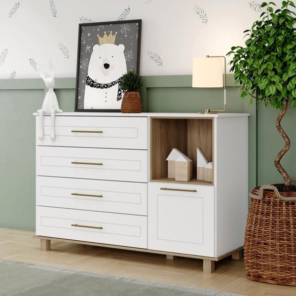 Imagem de Cômoda Retrô para Quarto de Bebê 1 Porta 4 Gavetas Zoe Yescasa Branco HP/Jequitibá HP