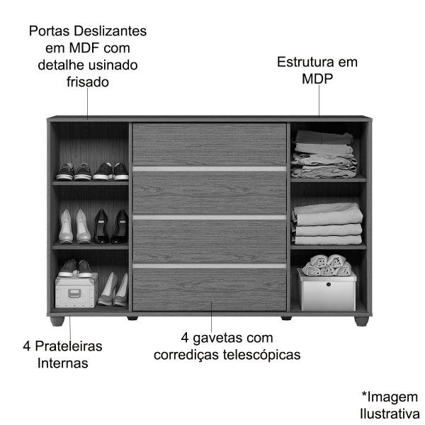 Imagem de Cômoda Sapateira Grande 4 Gavetas 2 Portas Flex Evidência