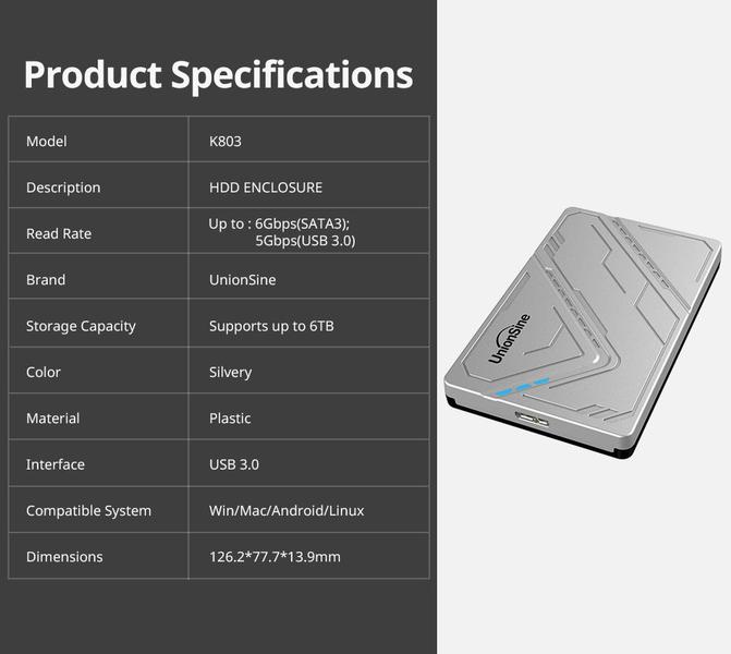 Imagem de Compartimento de disco rígido UnionSine MicroB USB3.0 2,5" SATA 5Gbp