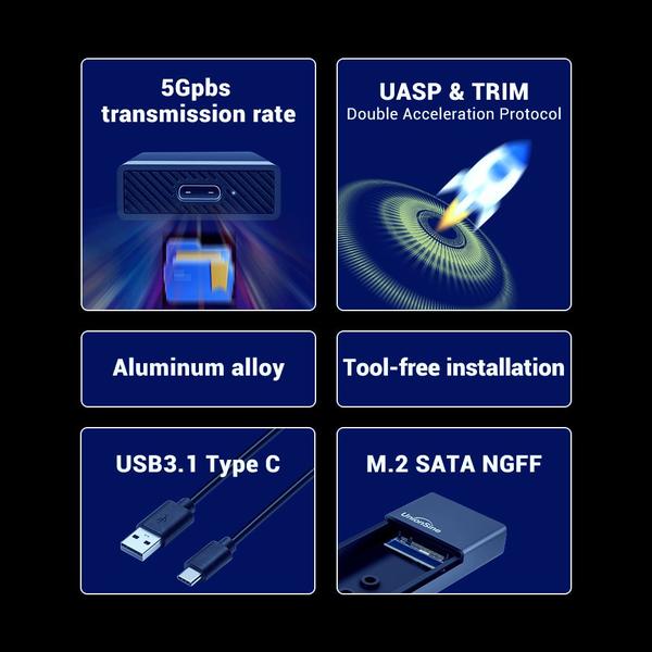 Imagem de Compartimento SSD UnionSine S7 M.2 SATA NFGG USB3.1 5 Gbps