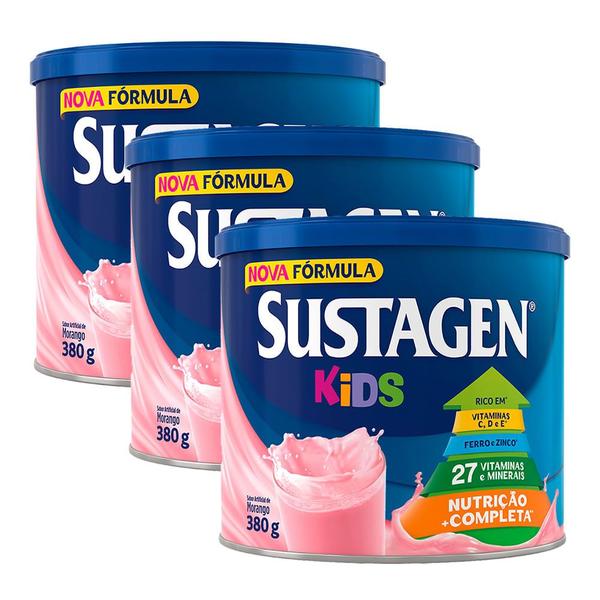 Imagem de Complemento Alimentar Sustagen Kids Morango Lata 380g  Kit com três unidades