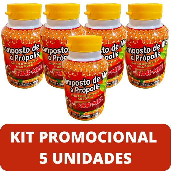 Imagem de Composto Antigripal Farmel Mel, Própolis, Abacaxi, Acerola e Frutas Cítricas 350g Kit Promocional 5 Unidades