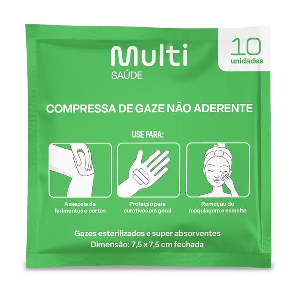 Imagem de Compressas de Gazes não Aderentes 7,5x7,5cm 10 Unidades Multi Saúde HC529