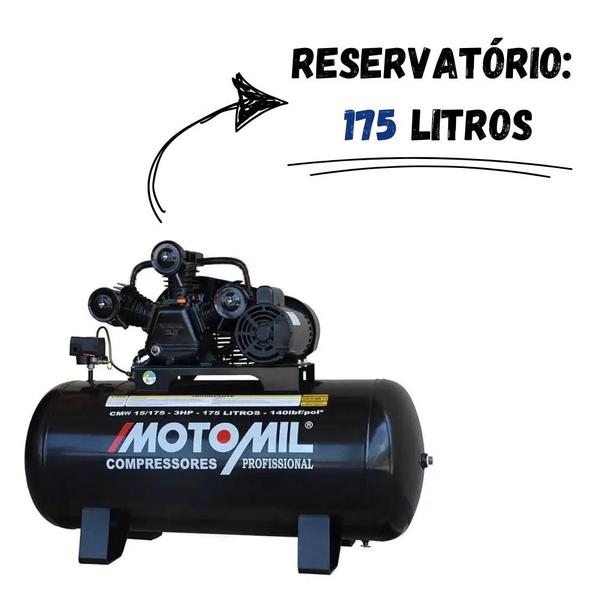 Imagem de Compressor 15 Pés 3 HP 175 Litros 3 Pistões CMW com Motor Mono MOTOMIL