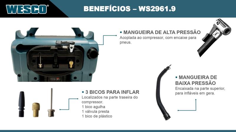 Imagem de Compressor 160psi com conector 12v e Bateria de 18V 2.0Ah Wesco