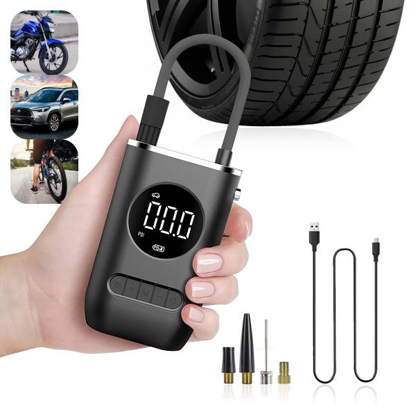 Imagem de Compressor Ar Calibrador Digital Pneu Recarregável 4000 mAh Carro, Moto, Bike, Bola