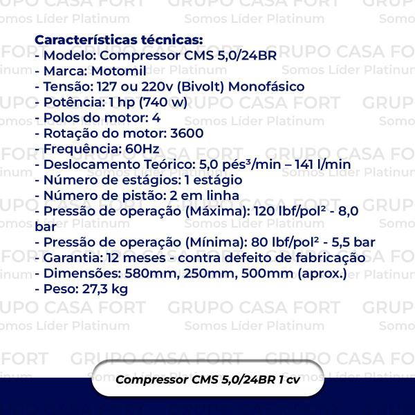 Imagem de Compressor Ar Silencioso Sem Óleo Motomil Cms5/24 Mono 220v