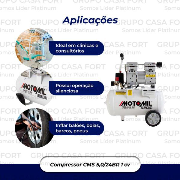 Imagem de Compressor Ar Silencioso Sem Óleo Motomil Cms5/24 Mono 220v