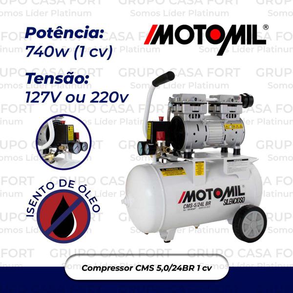 Imagem de Compressor Ar Silencioso Sem Óleo Motomil Cms5/24 Mono 220v