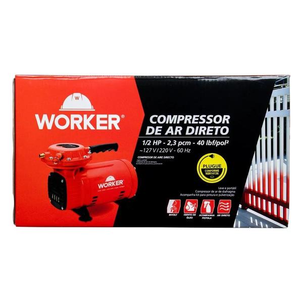 Imagem de Compressor De Ar Direto 1/2Hp 370W 2,8Bar 40Psi 2,3Pcm Bivolt Com Pistola Worker