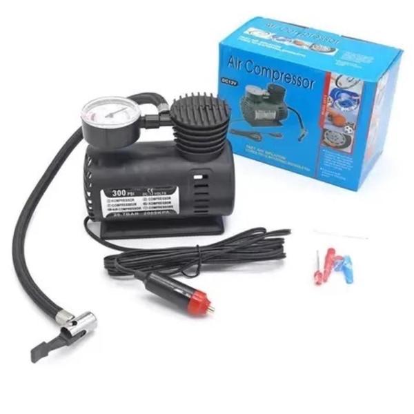 Imagem de Compressor de ar mini eletrico 12v carro barco calibrador pneu moto bike manometro portatil veicular 3 bicos