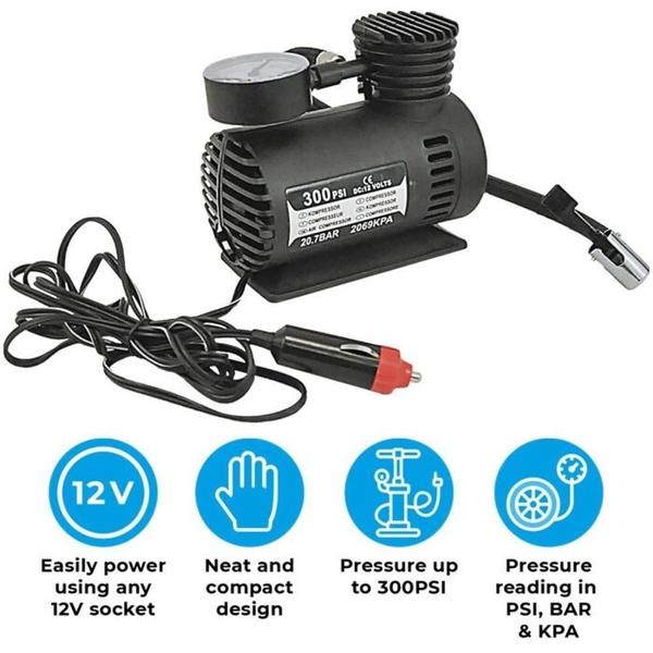 Imagem de Compressor de ar mini eletrico 12v carro barco calibrador pneu moto bike manometro portatil veicular 3 bicos