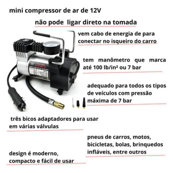 Imagem de Compressor de Ar Pequeno 12v Portátil Mini bomba Carro Moto 