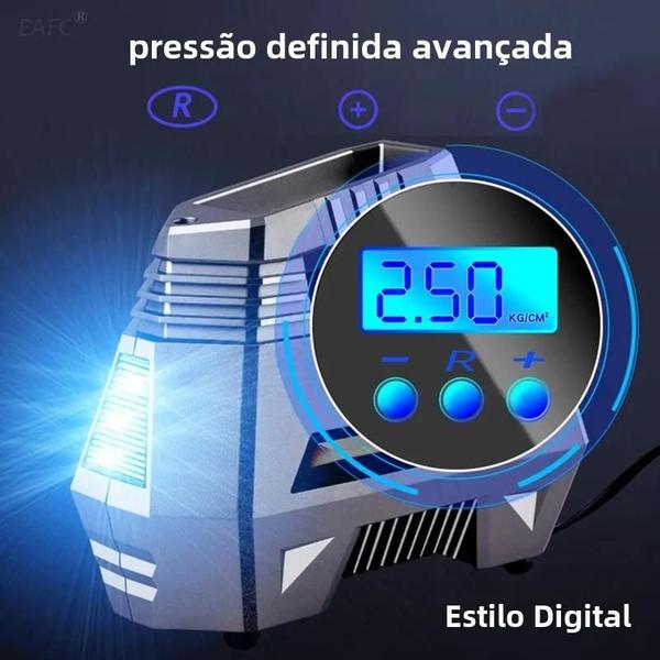 Imagem de Compressor de Ar Portátil 12V - 150 PSI - com Medidor Digital e Lanterna de Emergência