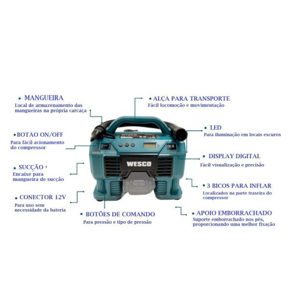 Imagem de Compressor De Ar Portátil A Bateria 18V Com 3 Bicos Wesco