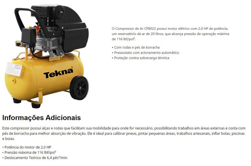 Imagem de Compressor De Ar Tekna Cp8022 Motor 2 Hp 116 Psi 20 Litros