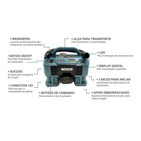 Imagem de Compressor Inflador à Bateria 18V 90W Bivolt WS2961.9 Wesco