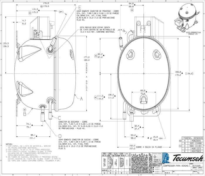 Imagem de Compressor Tecumseh 1/3 HP / TCW410Y-DS8E / TC-1121-E / R-134a / 127V