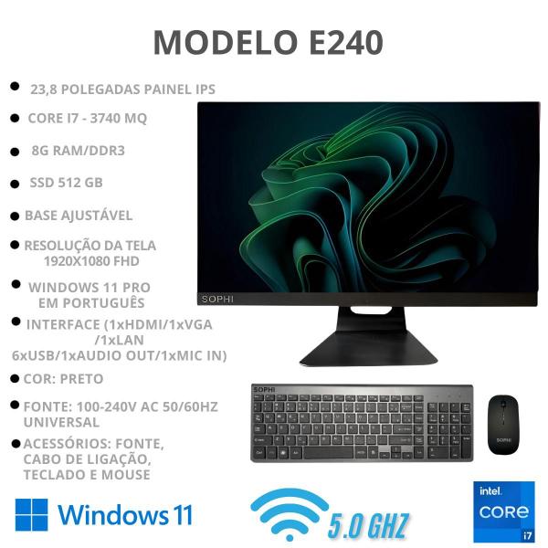 Imagem de Computador All In One 8gb Ram Intel Core I7 Ssd 512GB 23.8 TELA Full Hd painel ips Tech DDR3 Completo Teclado + mouse sem fiobivolt110v/220