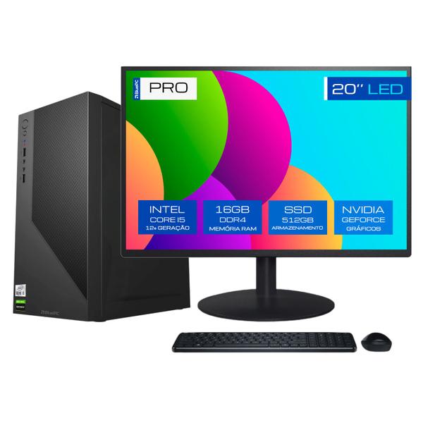 Computador Completo BluePC PRO - Intel Core i5 12400F (12ª Geração), 16GB DDR4, SSD 512GB, Gráficos Geforce, Fonte 500W, Windows 11 Pro,Monitor 20"