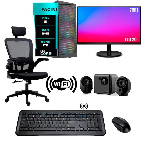 Imagem de Computador Completo eFacini, Intel i5, 16GB, NVMe 980GB, Cadeira Owl, Kit Teclado e Mouse sem Fio