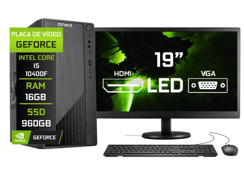 Imagem de Computador Completo Fácil Intel Core i5 10400f (Décima Geração) 16GB DDR4 Geforce Nvidia 1GB SSD 960GB Monitor 19" HDMI