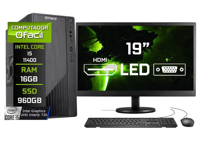 Imagem de Computador Completo Fácil Intel Core i5 11400 (11ª Geração) 16GB DDR4 SSD 960GB Monitor 19" LED Teclado e Mouse