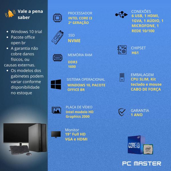 Imagem de Computador Completo Slim Core i3 4gb 256gb ssd nvme kit teclado e mouse Monitor de 19 - PC Master