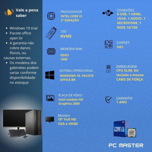 Imagem de Computador Completo Slim Core i3 8gb 512gb ssd nvme kit teclado e mouse Monitor de 19 - PC Master