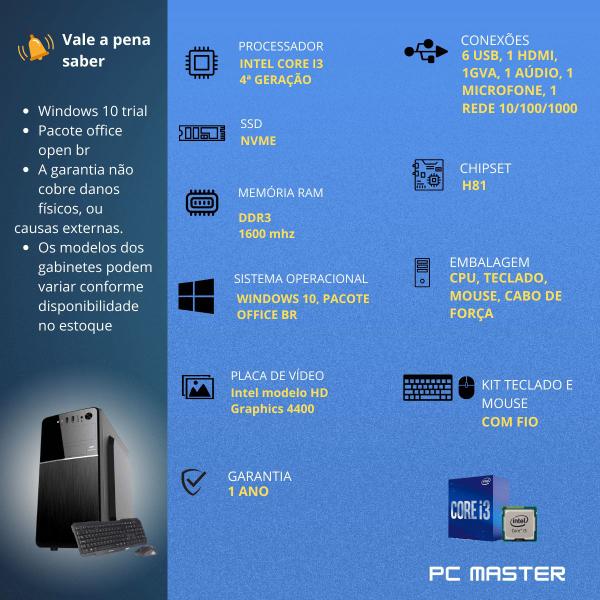 Imagem de Computador Core i3 4 Ger 16GB 128Gb SSD Gar de 1 ano kit teclado e mouse - PC Master