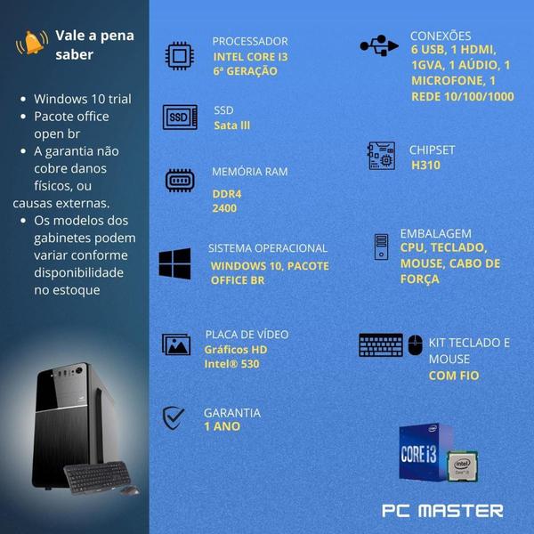 Computador Cpu Core i3 6ª Ger 6100 8gb ddr4 480gb ssd sata kit teclado e mouse - PC Master Imagem de Computador Cpu Core i3 6ª Ger 6100 8gb ddr4 480gb ssd sata kit teclado e mouse - PC Master