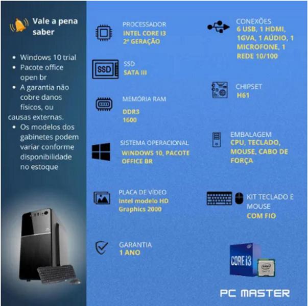 Imagem de Computador cpu Core i3 8gb 240gb ssd kit teclado e mouse - Windows 10 pro