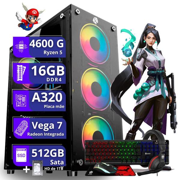 Imagem de Computador Cpu PC Gamer  AMD Ryzen 5 4600g Vega 7 16gb dd4 512gb ssd HD 1tb sata Kit teclado mouse headset - PC Master