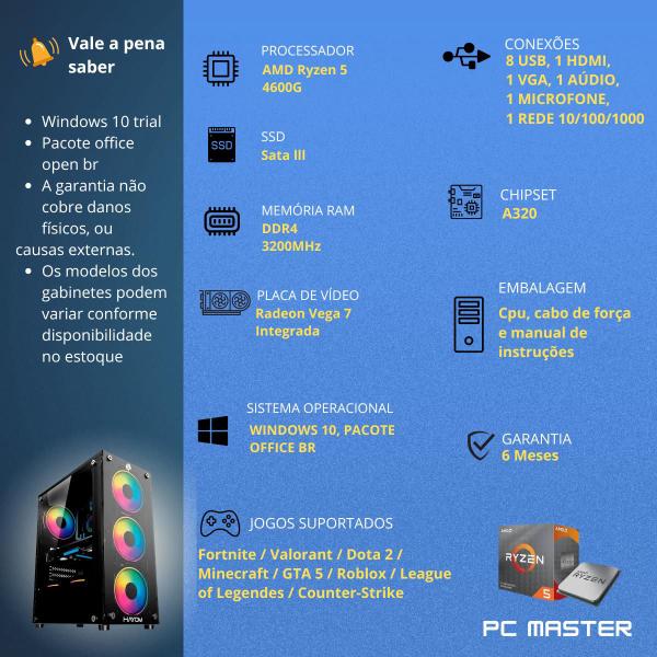 Imagem de Computador Cpu PC Gamer  AMD Ryzen 5 4600g Vega 7 8gb ddr4 512gb ssd sata - PC Master