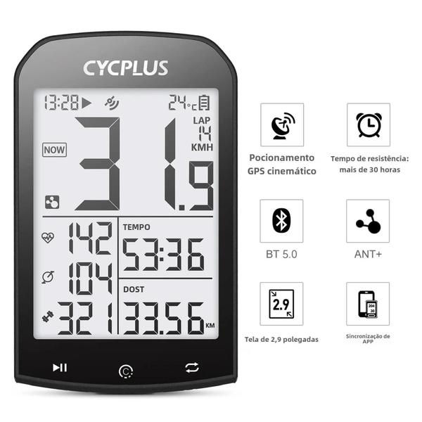 Imagem de Computador de Bicicleta Cycplus M1 com Bluetooth 5.0, ANT+ e GPS - Compatível com Garmin e Zwift