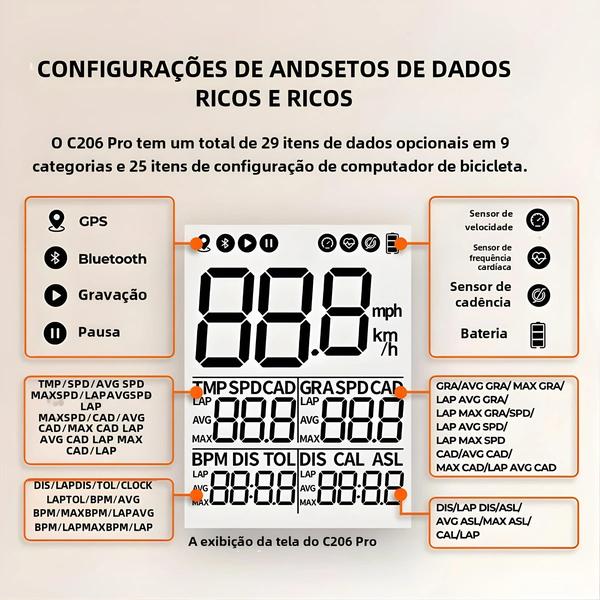 Imagem de Computador de Bicicleta Inteligente GPS Magene C206 Pro - Sem Fio - Odômetro e Velocímetro