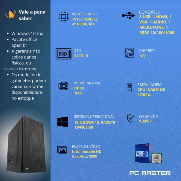 Imagem de Computador Desktop Core i3 4ª Geração 3.70ghz 16gb ddr3 512gb ssd sata  PC Master