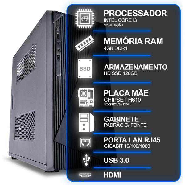 Imagem de Computador Desktop, Intel Core I3 12º Geração, 4GB RAM, HD SSD 120GB, Conexões USB/VGA/HDMI/LAN/SOM