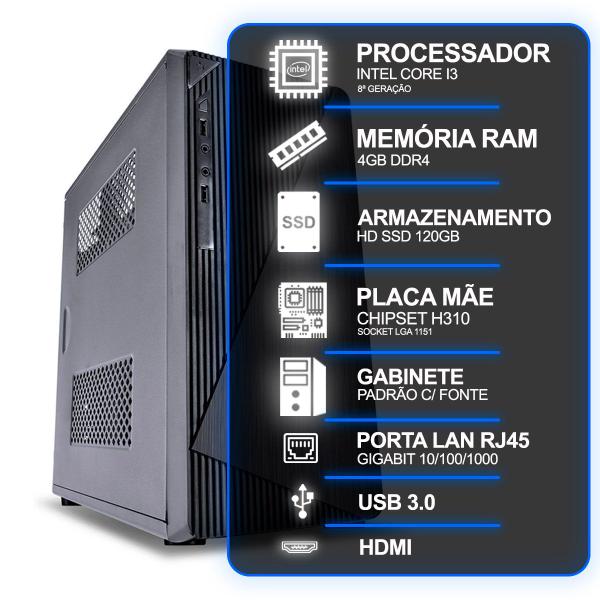 Imagem de Computador Desktop, Intel Core I3 8º Geração, 4GB RAM, HD SSD 120GB, Conexões USB/VGA/HDMI/LAN/SOM