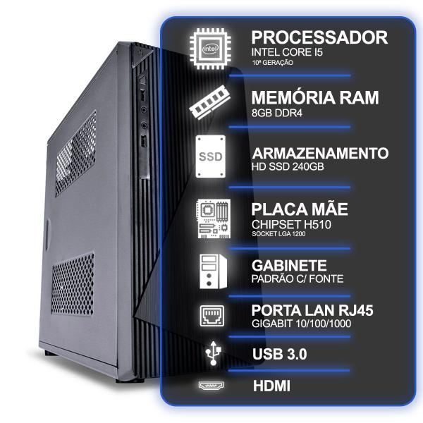 Imagem de Computador Desktop, Intel Core I5 10º Geração, 8GB RAM, HD SSD 240GB, Conexões USB/VGA/HDMI/LAN/SOM