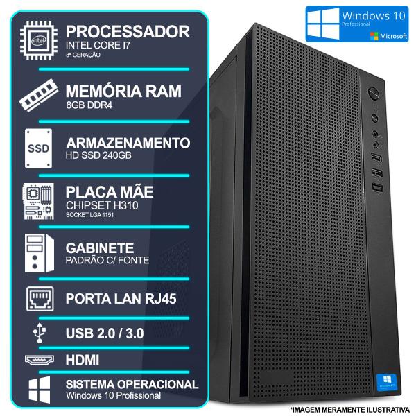 Imagem de Computador Desktop, Intel Core I7 8º Ger, 8GB RAM, SSD 240GB, HDMI, Rede Gigabit, Win 10 Pro 64 Bits