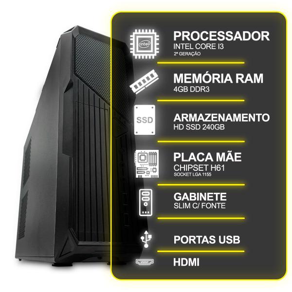 Imagem de Computador Desktop Slim, Intel Core I3 2º Ger, 4GB RAM, HD SSD 240GB, Conexões USB/VGA/HDMI/LAN/SOM