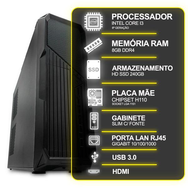 Imagem de Computador Desktop Slim, Intel Core I3 6º Ger, 8GB RAM, HD SSD 240GB, Conexões USB/VGA/HDMI/LAN/SOM