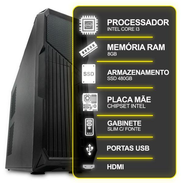 Imagem de Computador Desktop Slim, Intel Core I3, 8GB RAM, SSD 480GB, Conexões USB/VGA/HDMI/LAN/SOM