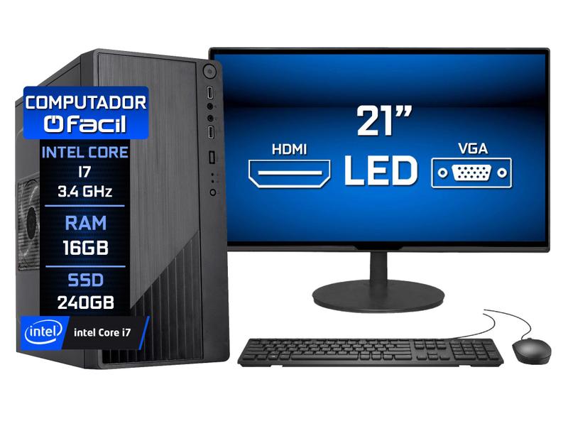 Computador Fácil Intel Core i7 3.4GHz 16GB SSD 240GB Monitor 21" HDMI LED Teclado e Mouse - Fácil Computadores