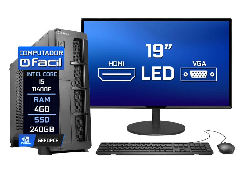 Imagem de Computador Fácil Slim Completo i5 11400F 4GB GEFORCE SSD 240GB Monitor 19" HDMI LED Teclado e Mouse