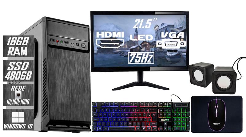 Imagem de Computador Intel Core I5, 16GB, SSD 480GB M2 + Fonte 500w + Monitor 21.5P + Teclado + Mouse