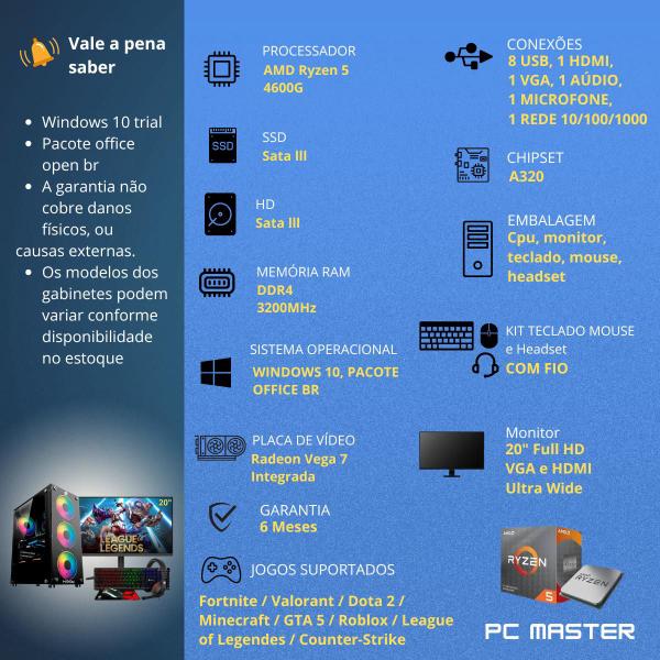 Imagem de Computador PC Gamer Completo AMD Ryzen 5 4600g Vega 7 16gb dd4 512gb ssd HD de 500gb sata Monitor de 20" - PC Master