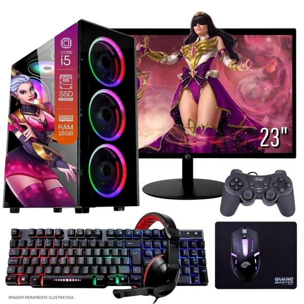 Imagem de Computador PC Gamer Completo TOB Intel Core i5 SSD 480GB 16GB Teclado Mouse Mouse Pad e Headset Gamer Joystick Monitor 23" Windows 10 Pro Trial