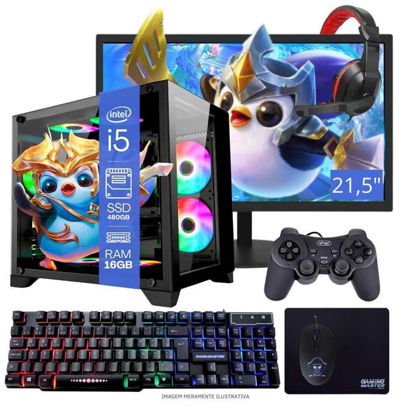 Imagem de Computador PC Gamer Completo TOB Intel Core i5 SSD 480GB 16GB Windows 10 Pro Trial + Teclado e Mouse + Mouse Pad + Headset +Joystick + Monitor 21.5"